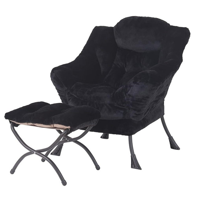Welnow Lazy Chair with Ottoman, Modern Lounge Accent Chair with Armrests and a Side Pocket, Leisure Sofa Armchair, Reading Armchair with Footrest for Small Space, Plush Black