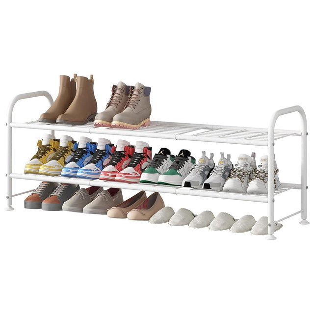 LINZINAR Shoe Rack Long 2 Tier Shoe Storage Organizer Metal Wide Shoe Shelf for Closet Entryway Bedroom 18 Paris Large Capacity, White
