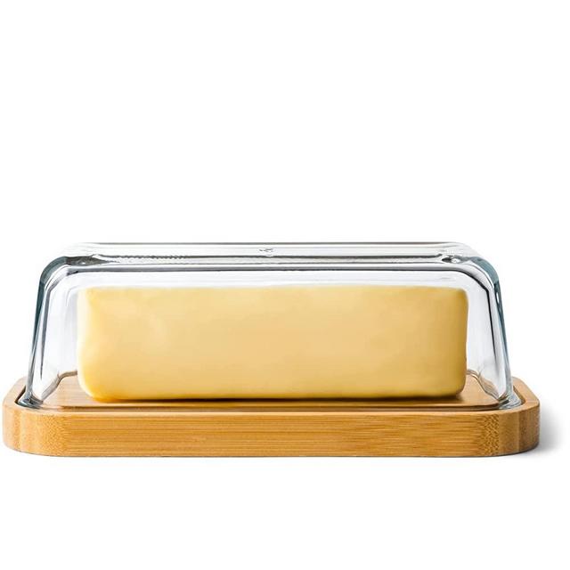 KIVY Glass butter dish with lid for countertop and refrigerator door shelf - Butter holder for counter - Covered butter dish glass - Butter tray with lid - Butter dishes - Butter box with bamboo lid