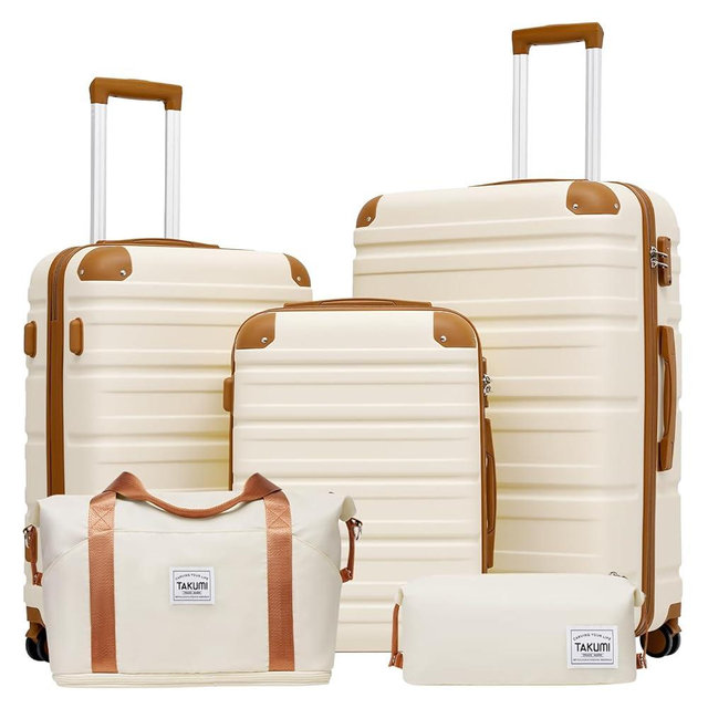 TAKUMI Luggage Set 5 Piece with Duffel Bag ABS Hardshell Suitcase Set with Double Spinner Wheels Travel Lugagge with TSA Lock Lightweight Carry On Suitcase (WHITE BROWN, 5 PIECE SET)