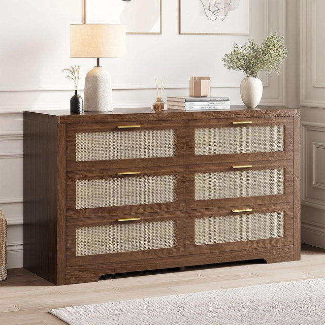 BRELTAM 6 Drawer Rattan Dresser for Bedroom,Boho 47.2" Wide Wooden Chest of Drawers,Dresser TV Stand with Metal Handle,Large Storage Closet Organizer for Living Room,Hallway,Walnut