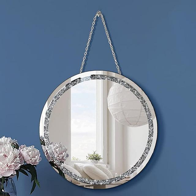 Crystal Crush Diamond Round Silver Mirror with Iron Chain for Wall Decoration Diameter Circle 12 inch Wall Hang Frameless Mirror Small Handicraft Art