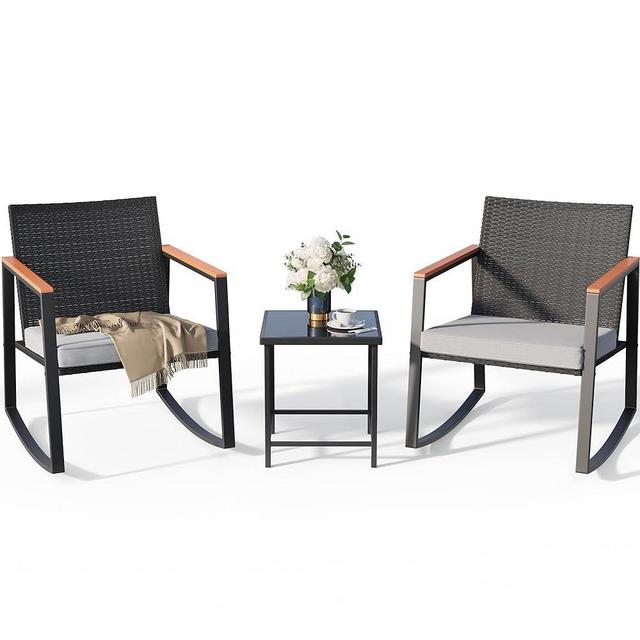 Gizoon 3 Pieces Rocking Patio Bistro Set with Anti-Scald Armrest, Outdoor Patio Wicker Furniture Set with Glass Table and Cushion for Garden, Yard, Porch