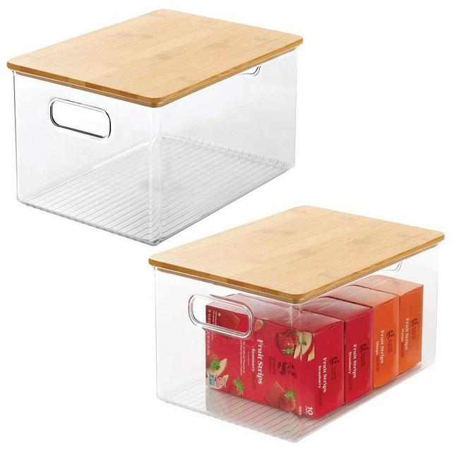 mDesign Plastic Stackable Kitchen Pantry Cabinet, Food Storage Bin Box with Handles, Lid - Organizer for Packets, Jars, Snacks, Pasta - 2 Pack - Clear/Bamboo Lid