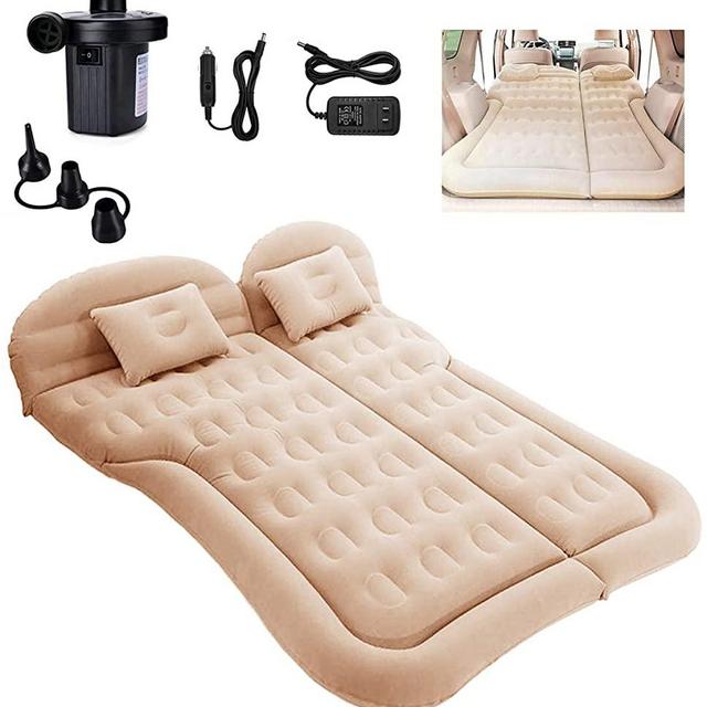 SAYGOGO SUV Air Mattress Camping Bed Cushion Pillow - Inflatable Thickened Car Air Bed with Electric Air Pump Flocking Surface Portable Sleeping Pad for Travel Camping Upgraded Version (Beige)