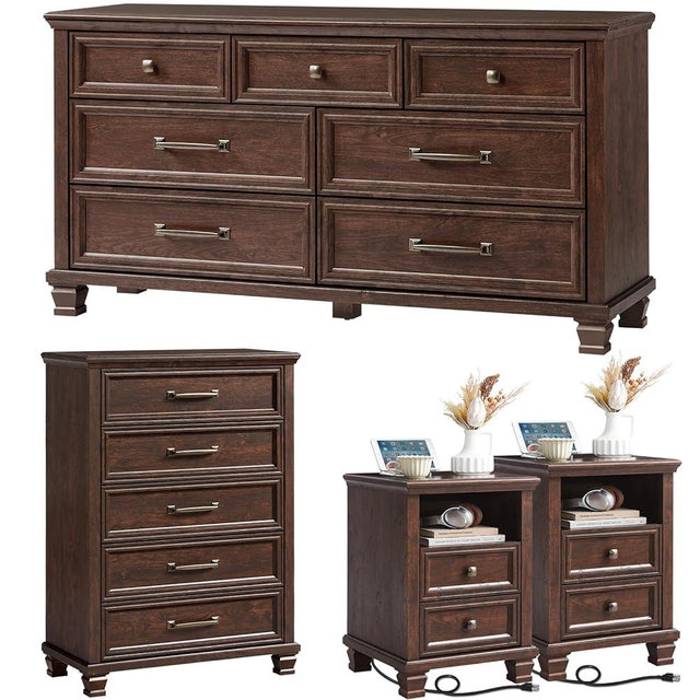 SAVOR LIFE Farmhouse Dresser and Nightstand Sets 4 Piece, 5/7 Drawer Dresser & 2 Drawer Nightstand Set, Rustic Wood Bedroom Furniture Set for Home, Bedroom, Hallway, Walnut
