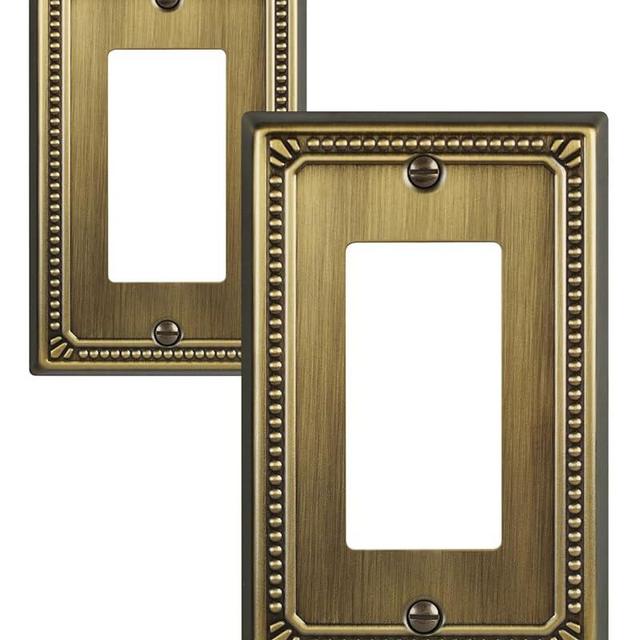 ZILLSEA Metal Single Decorator Wall Plates, 2-Pack Antique Brass Outlet Cover Plates, Decorative Sunken Pearls Electrical Outlet Covers for Receptacles, GFCI, Dimmer Switches, 3.15''*4.88'', Midsize