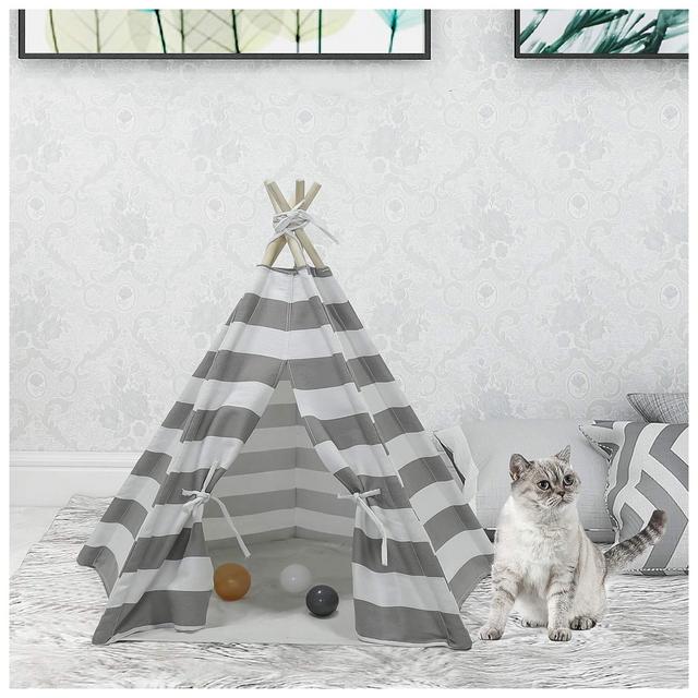 UKadou Pet Teepee Dog & Cat Bed Dog Tents Pet Houses with Mat, Grey & White Stripe Pet Teepee for Dogs