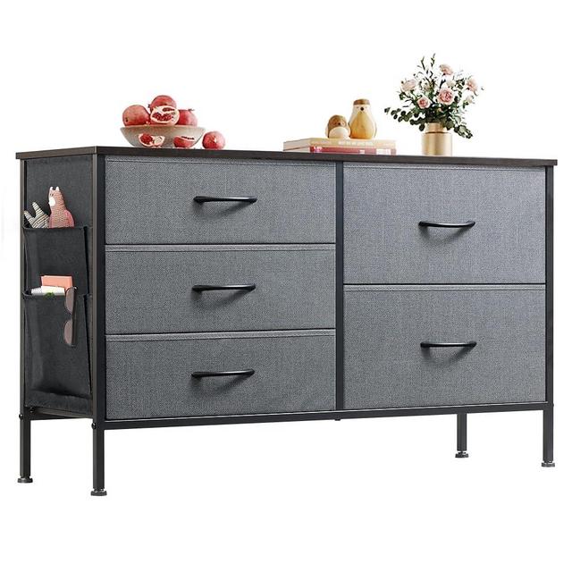 WLIVE Dresser for Bedroom with 5 Drawers, Wide Bedroom Dresser with Drawer Organizer and Side Pockets, Chest of Drawers, Fabric Dresser for Closet, Hallway, Nursery, Dark Grey