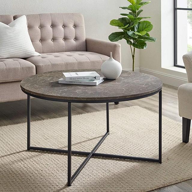 Walker Edison Cora Modern Round Faux Marble Top Coffee Table with X Base, 36 Inch, Brown Faux Marble and Black