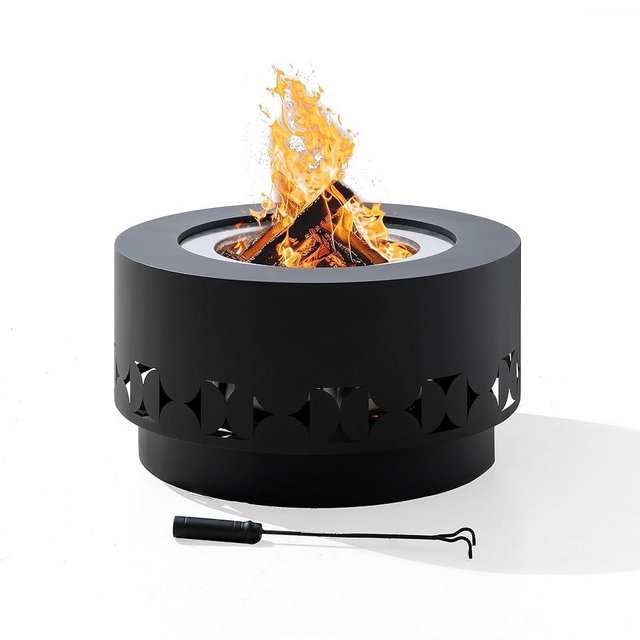 Sunjoy 28 in Round Smokeless Fire Pit with Removable Ash Pan, Outdoor Portable Circular Geometric Wood Burning Fireplace with PVC Cover and Fire Poker,Ideal for Camping, Bonfire, and Backyard, Black