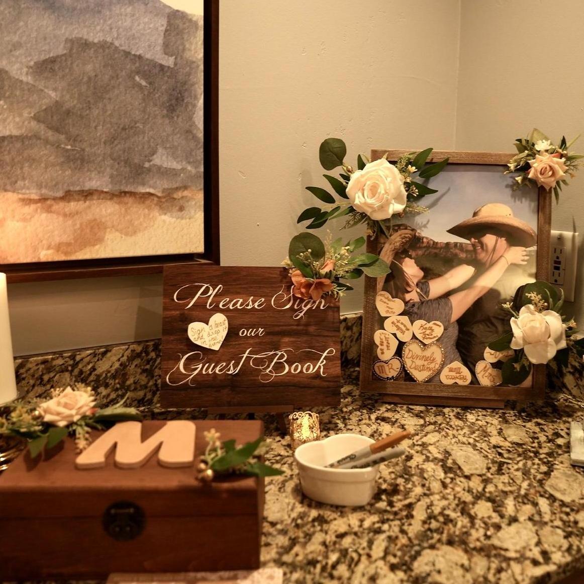 Our guest book was so much fun, containing marriage advice cards and hearts to sign for photo frame