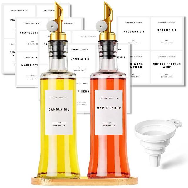 GIXSEGIE Oil and Vinegar Dispenser Set, Oil Dispenser With Brass Color Spout, Bamboo Tray and 20 Labels, Coffee Syrup Dispenser, Glass Olive Oil Bottles for kitchen