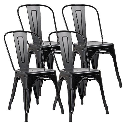 JUMMICO Metal Dining Chair Stackable Indoor-Outdoor Industrial Vintage Chairs Bistro Kitchen Cafe Side Chairs with Back Set of 4 (Black)