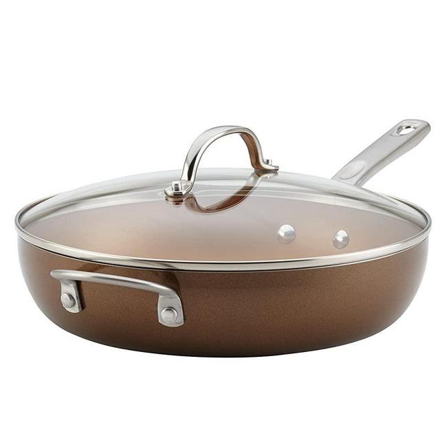 Ayesha Curry 10764 Home Collection Porcelain Enamel Nonstick Covered Deep Skillet With Helper Handle, 12 Inch Frying Pan, Glass Lid, Brown Sugar