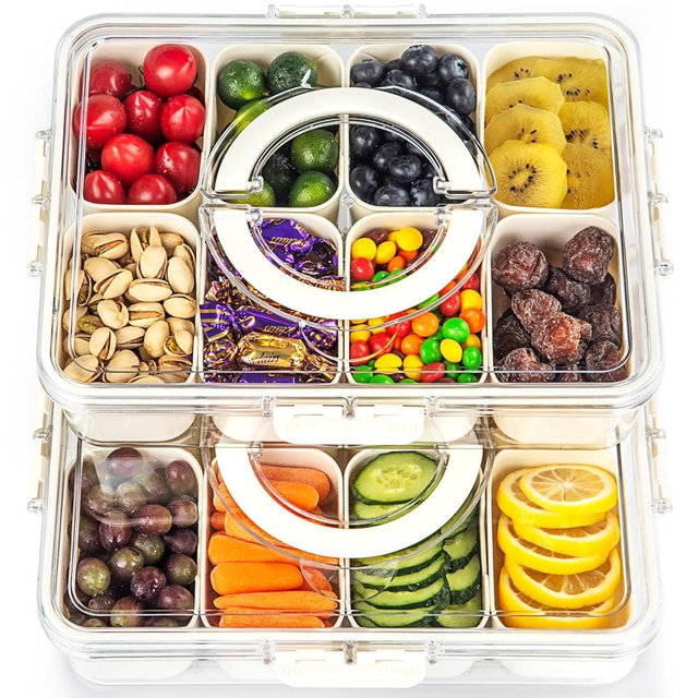PANYEE Divided Serving Tray with Lid and handle,Portable Snack Box Container Snack Tray,Veggie Tray Charcuterie Boxes Fruit Tray Candy Organizer For Entertaining,Party,Picnic,2Pack