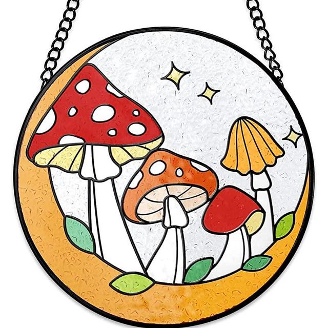 Tuitessine Mushroom Stained Glass Suncatcher Moon Toadstools Window Wall Hanging Ornament Hand-Painted Glass Panel Decor for Home Gift for Nature Plant Mushroom Lovers 6.3"*6.3"