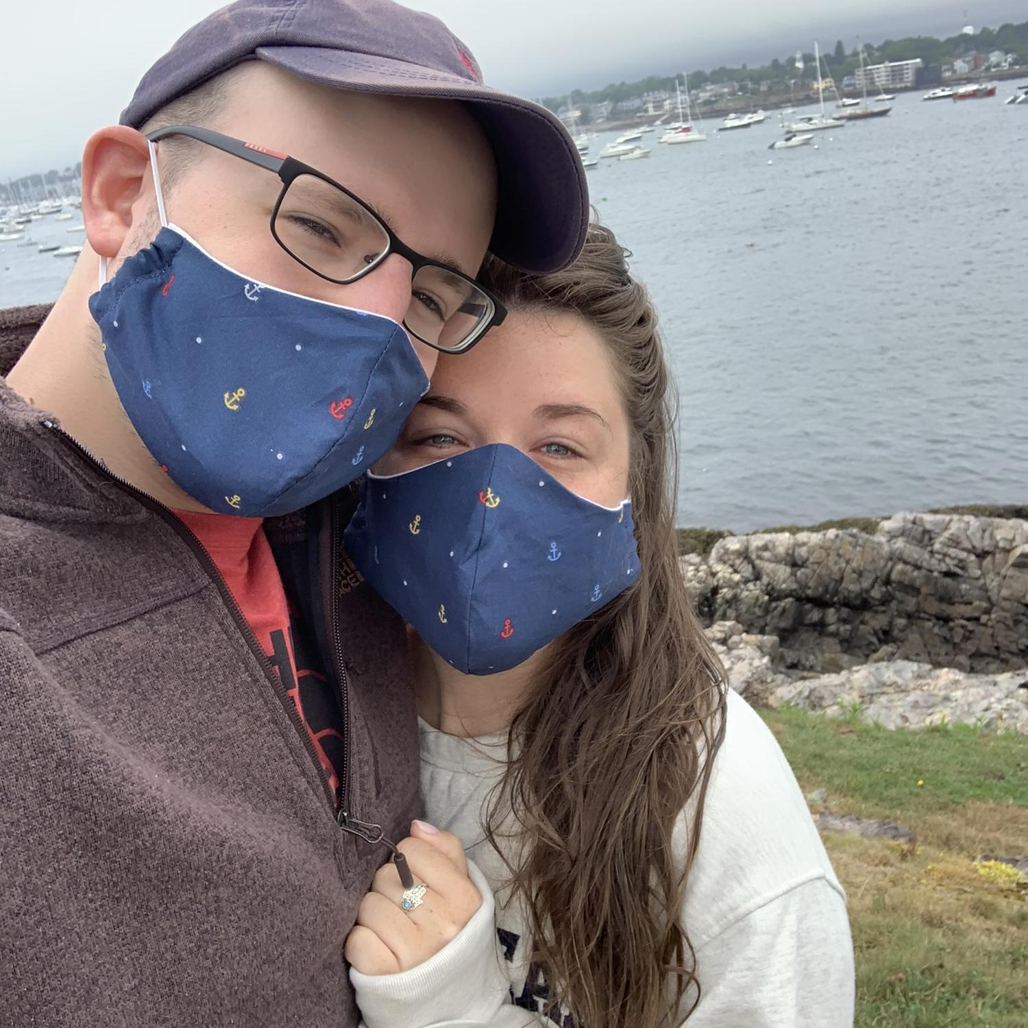 Sporting our Masking for a Friend masks (made by Hannah) at Fort Sewall. July 2020