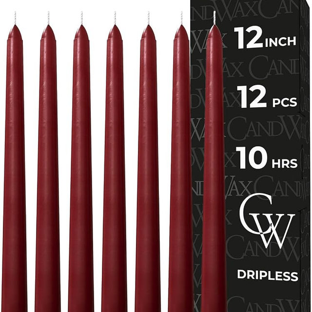 CANDWAX 12 inch Burgundy Taper Candle Set of 12 - Unscented Smokeless Dripless Candlesticks - Candle Sticks for Christmas Decorations, Party Décor, Dinner Table Centerpieces - Burgundy Tapers