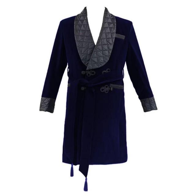 Men's Long Velvet Smoking Jacket with Belt Double Breasted Shawl Lapel Robe Quilted Wedding Dinner Prom Blazer ASDF18