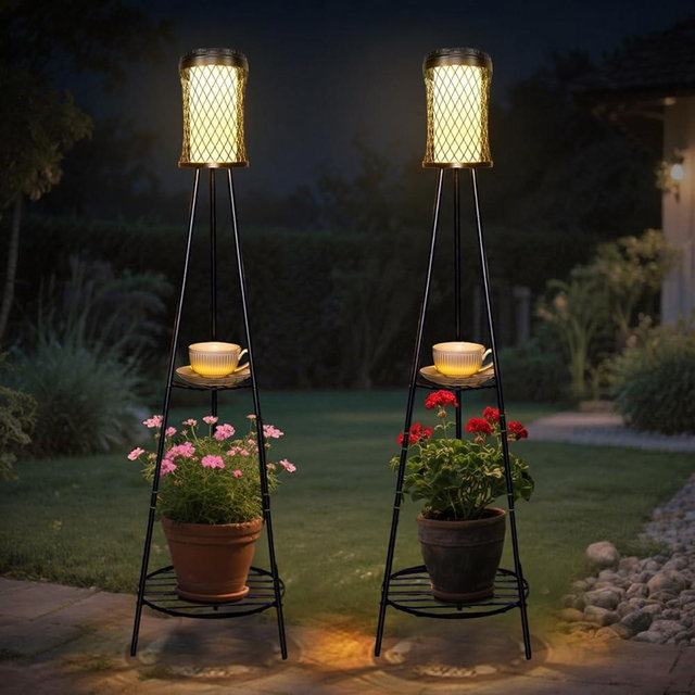 Solar Floor Lamp with Plant Stand - 2 Pack Waterproof Outdoor Lights for Garden, Pathway, Patio - Solar Powered Metal Stake Lanterns for Yard, Porch, Balcony, Backyard (Warm White)
