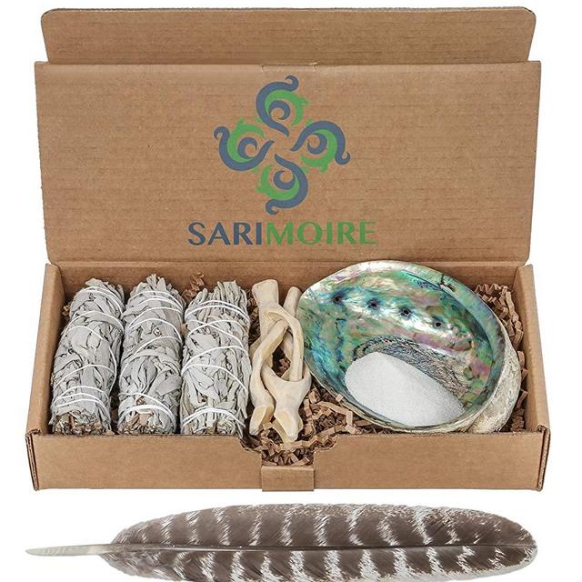 Sage Smudge Kit - White Sage Smudge Sticks - 4in ~ Abalone Shell 5-6in ~ 2in Tripod Stand ~ 9-12in Feather and White Sand