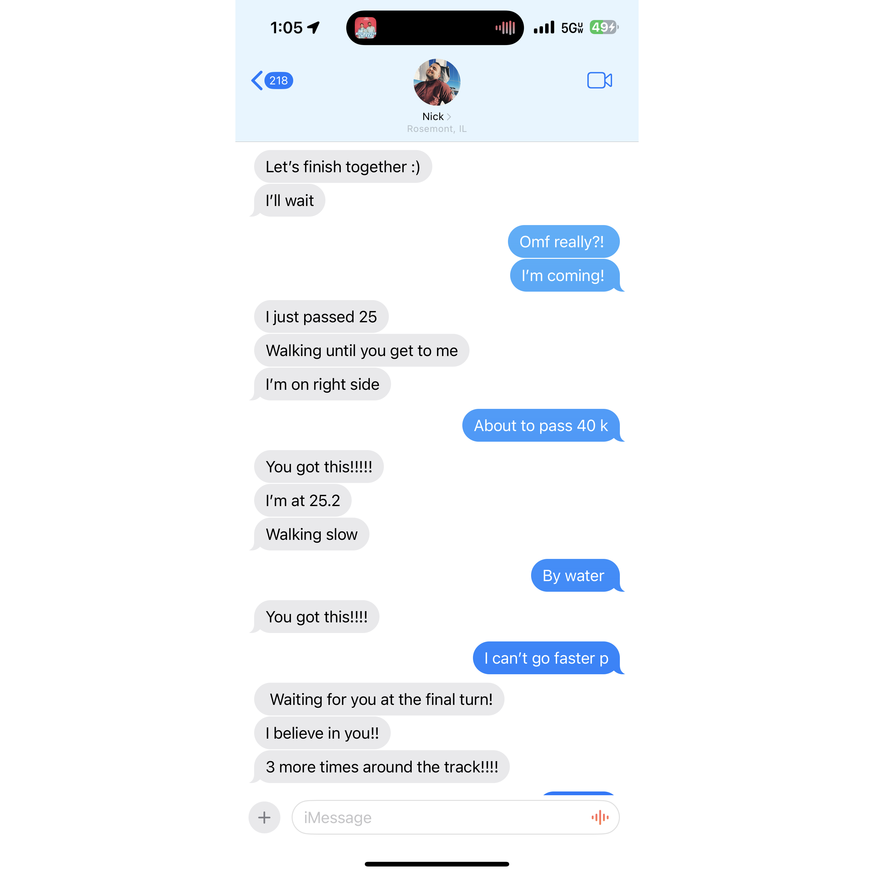 The text he sent as they were approaching the finish line