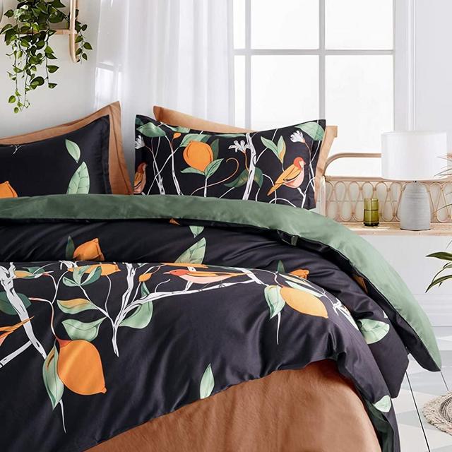 Eikei Modern Vintage Retro Mod Print Bedding Egyptian Cotton Duvet Cover Set Minimalist Chic Botanical Design Asian Zen Style Reversible Pattern in Full Queen or King Size (Queen, Dark Mist)