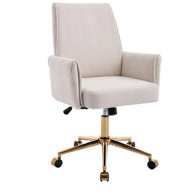 Striped Velvet Office Chair, 360° Swivel Ergonomic Task Chair with High Back, Gold Base and Wheels, Height Adjustable Modern Accent Chair for Home Office, Living Room, Study, Vanity Room (Cream)