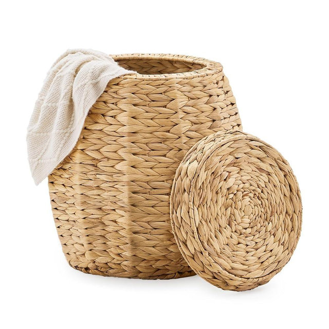 LGENHOOM Round Wicker Basket with Lid, Handwoven Hyacinth Storage Basket, Blanket Organizer Basket for Laundry, Bathroom, Bedroom, Living Room, Office
