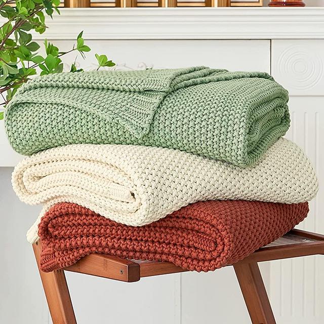 Longhui bedding Chunky Cable Knit Throw Blanket Lightweight Rust 100% Organic Cotton Blanket for Sofa Couch Bed Baby Nursery, Rustic Shabby Chic Modern Farmhouse, 51” x 63” Give Laundering Bag
