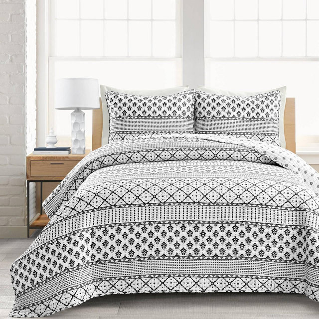 King 3pc Monique Stripe Quilt Set Black/White - Lush Décor: Microfiber, Reversible, Machine Washable