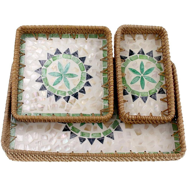 Abyjifar Rectangular Rattan Serving Tray with Mother of Pearl Inlay, Boho Home Decor Wicker Woven Basket for Bread Fruit Coffee Table Kitchen Set of 3 Sizes (Bohemian)