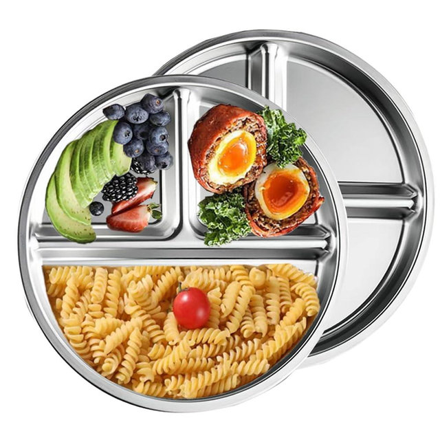RUIBOLU Portion Control Plates Stainless Steel For Adults Weight Loss/Diabetic Diet/Divided Plate Unbreakable Round Metal Dish Plates/Kitchen Camping Picnic/ 9 Inch (2)