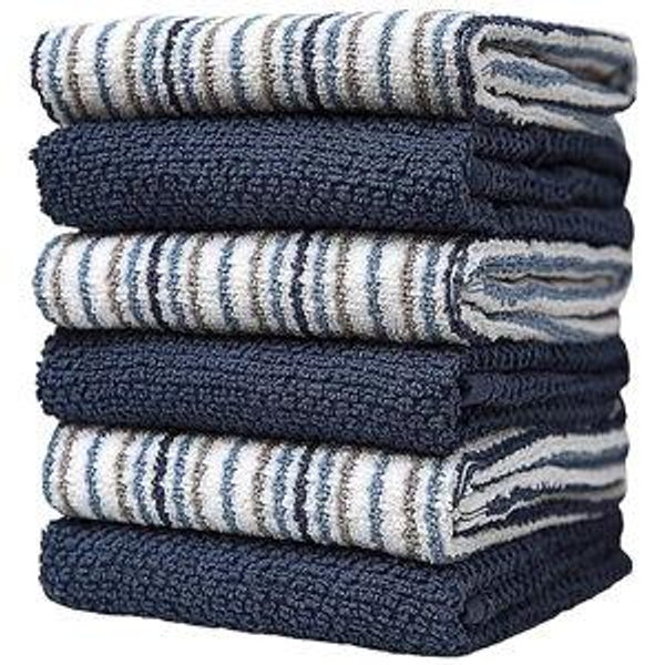 Kitchen Towels 16”x 26” - 6 Pack | Large Cotton Kitchen Hand Towels | Dish Towels | Popcorn Stripe Design | 430 GSM Highly Absorbent Tea Towels Set with Hanging Loop | Dish Towels for Kitchen | Blue