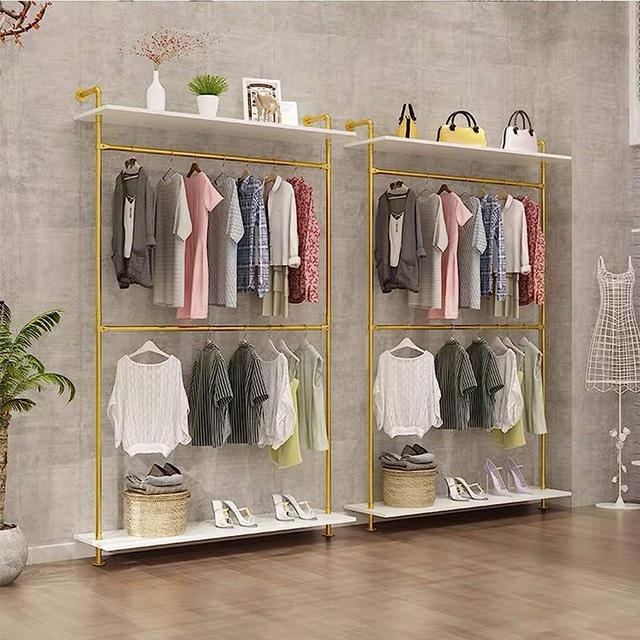 MDEPYCO Modern Simple Industrial Pipe Double Hanging Rods Clothing Rack,Retail Display Wall Mounted Storage Clothes Hanging Shelf,2 Tier Wood Garment Rack (One Shelves,Gold, 47.2" L)