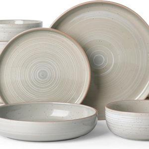 Famiware Meteor Stoneware Dinnerware Sets with Pasta Bowls, Service for 4 (16 Pieces), Plates and Bowls Sets, Microwave and Dishwasher Safe Dishes Set, Matcha Green