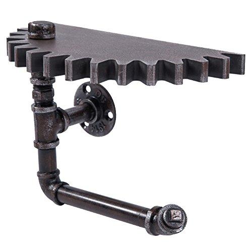 Wall Mounted Floating Shelf, Steampunk Industrial Metal Pipe Rack with Gear Design Wood Shelf