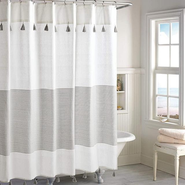 Peri Home Panama Stripe 100% Cotton Fabric Shower Curtain for Bathroom, 72 x 72 inches, Grey