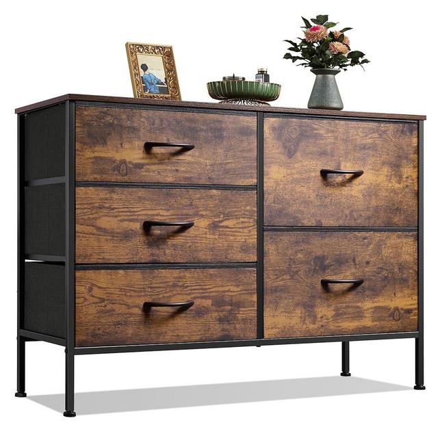 WLIVE Dresser for Bedroom with 5 Drawers, Wide Bedroom Dresser with Drawer Organizers, Chest of Drawers, Fabric Dresser for Living Room, Closet, Hallway, Rustic Brown Wood Grain Print