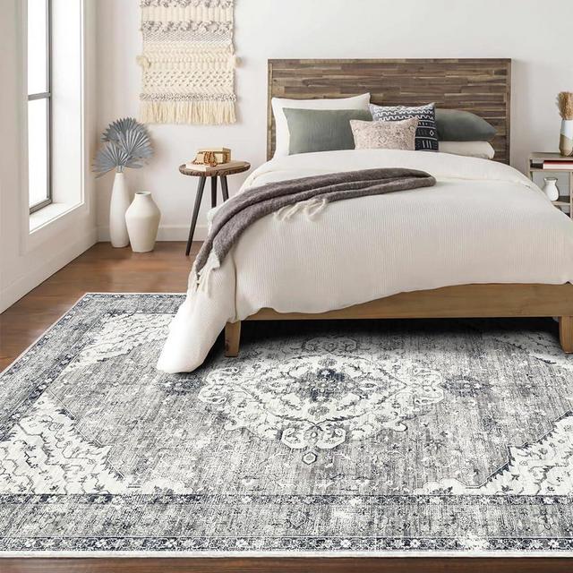 Deerly 5x8 Rugs for Bedroom Living Room - Machine Washable Rugs Large Non-Slip Family & Pet Friendly Area Rugs Carpet Oriental Neutral Print Floor Rug(Border Grey 5x8ft)