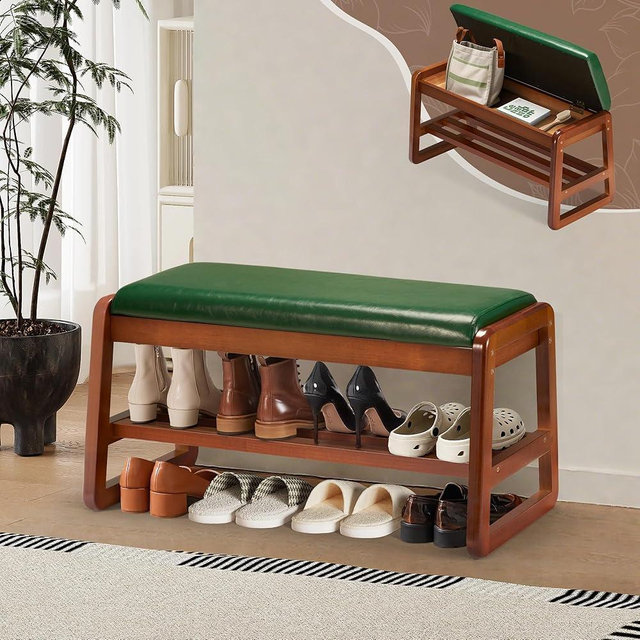 HABUTWAY Solid Wood Shoe Rack with Flip-Top Storage, Entryway Shoe Bench with Cushion, 2 Tier Shoes Storage Organizer for Hallway, Living Room-(Green,31.5"-M)