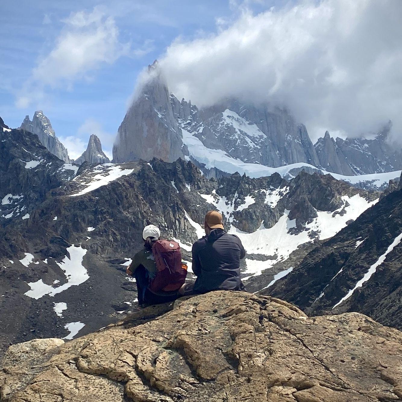 Hiking in El Chalten, Argentina with Mount Fitz Roy behind the clouds