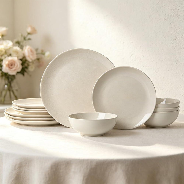 ALOFMO Ceramic Dinnerware Sets-12 Pieces Set, Plates Pasta Bowls Soup Bowls, Modern Stoneware Dishes, Reaction Glaze Black (Sky white)