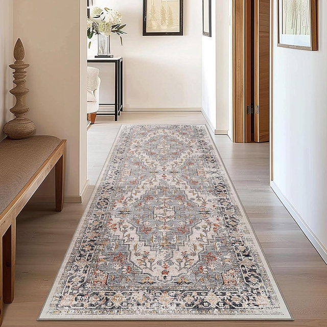 GENIMO 2x10 Runner Rugs for Hallway, Machine Washable Non Slip Vintage Retro Rugs, Low Pile Lightweight Soft Print Rug for enrtyway, Corridor, Home Office, Kitchen, Pale Aqua