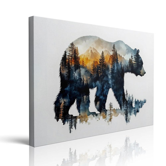 Forest Landscape Inside Bear Canvas Wall Art Framed Painting Watercolor Wildlife Wall Decor Artwork Print Poster Nature Mountain Silhouette Sunset for Living Room Home Office Cabin Decor 16x24 Inches