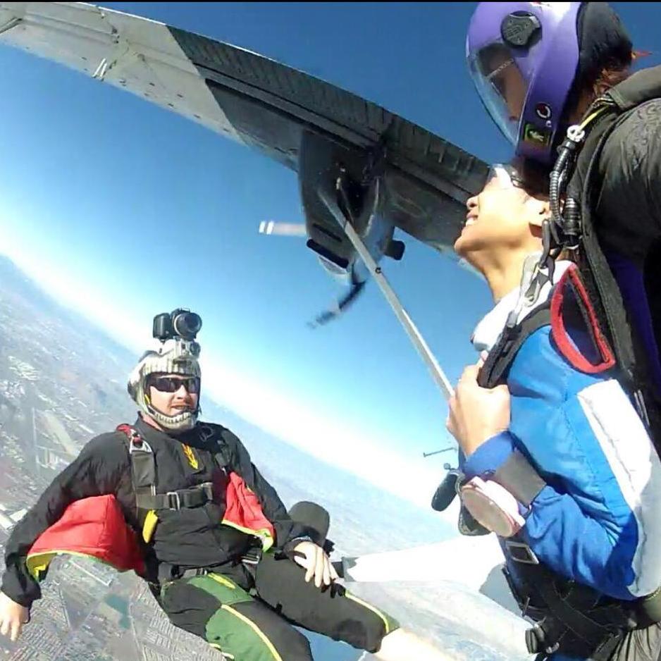 This is just a normal day at the office!  We have a combined jump total of over 13,000 jumps.