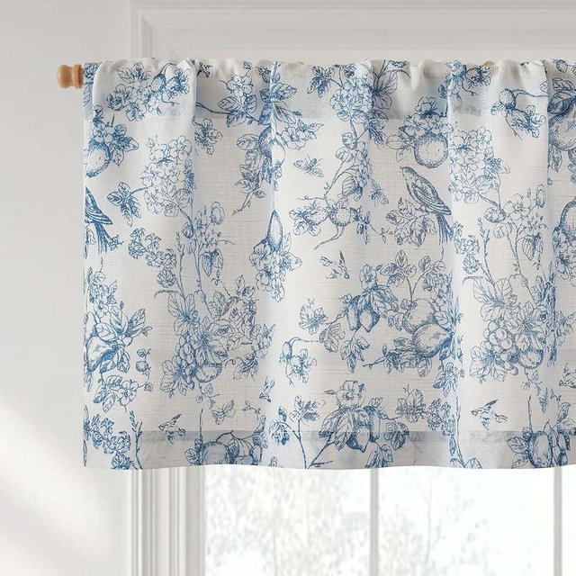 Vangao Linen Valance Curtain Farmhouse Floral Small Window Curtain Light Filtering for Kitchen Rustic Valance for Living Room Bedroom Rod Pocket 1 Panel Blue on Beige