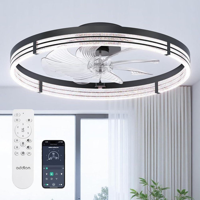 addlon Ceiling Fans with Lights and Remote, 24'' Low Profile Ceiling Fans, 3000-6000K Dimmable Modern Flush Mount LED Fan Light, Fandelier Ceiling Fan for Bedroom, Kitchen, Living Room, Black