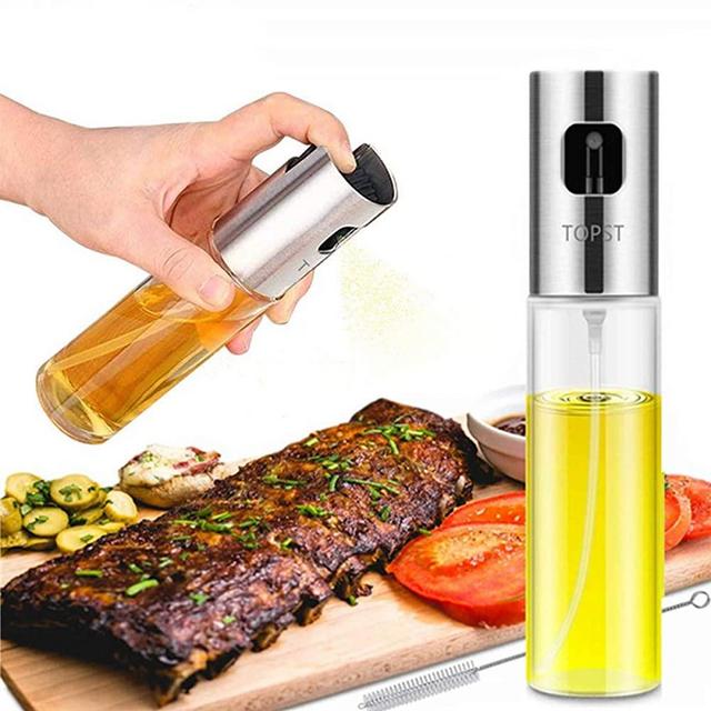 Olive Oil Sprayer, Transparent Food-grade Glass Oil Spray Portable Spray Bottle Vinegar Bottle Oil Dispenser for BBQ Making Salad Cooking Baking Roasting Grilling Frying Kitchen Stainless Steel